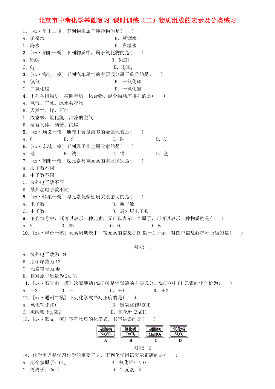 北京市中考化学基础复习 课时训练（二）物质组成的表示及分类练习_第1页