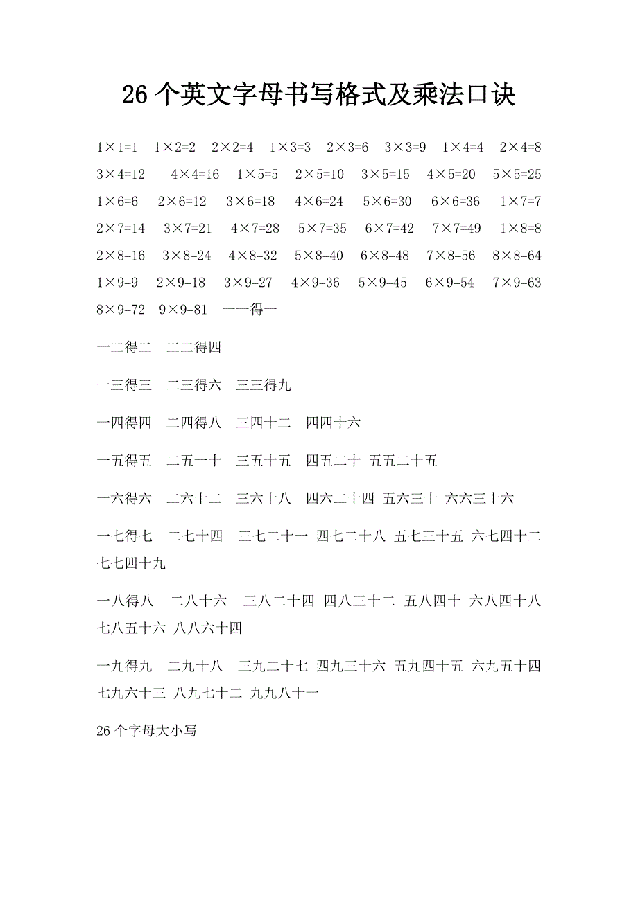 26个英文字母书写格式及乘法口诀_第1页
