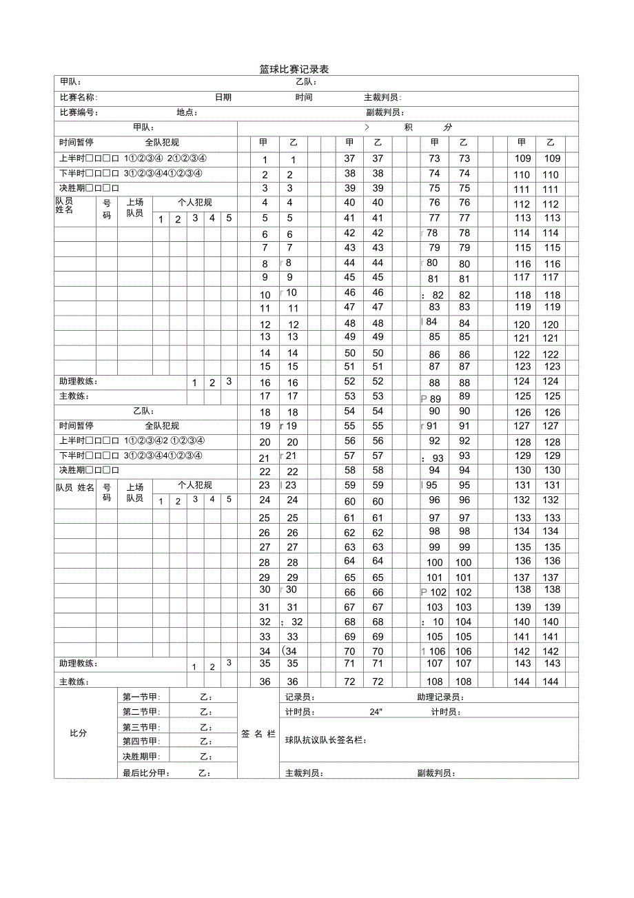 篮球比赛记录表1_第1页