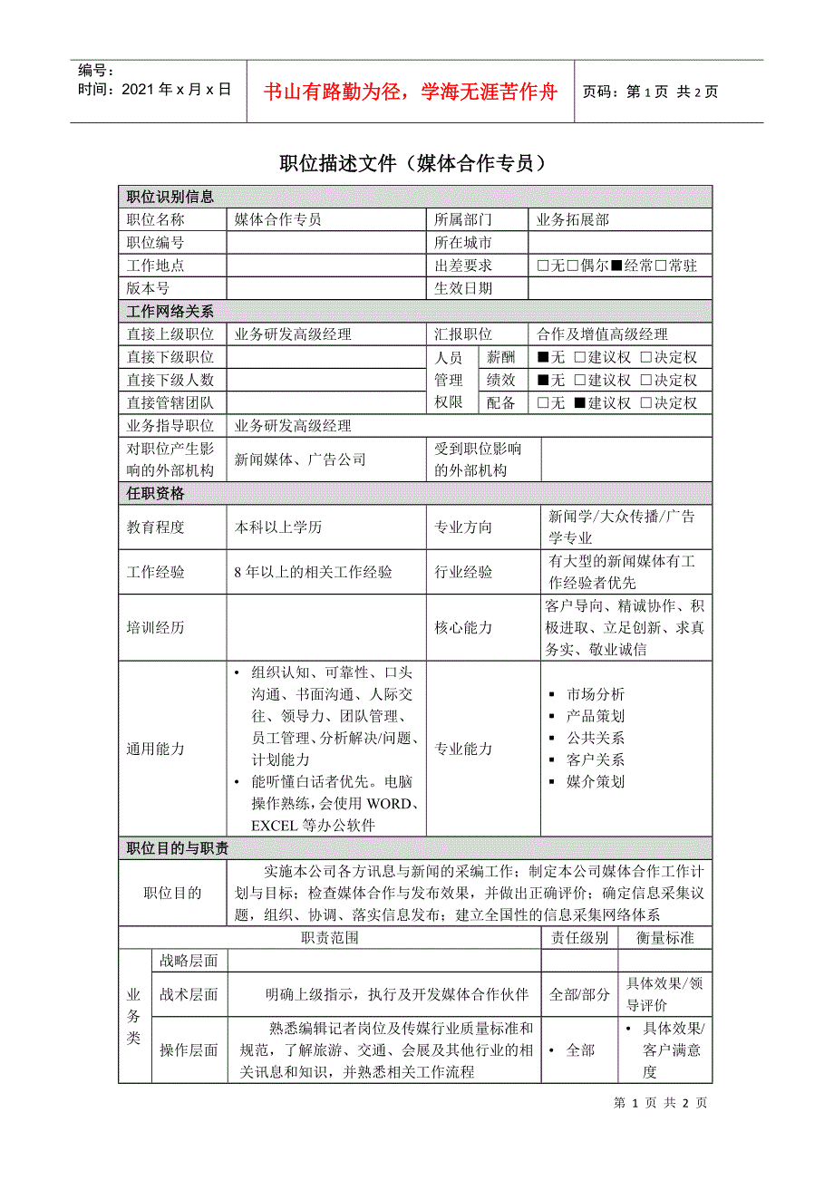 媒体合作专员岗位说明书(1)_第1页