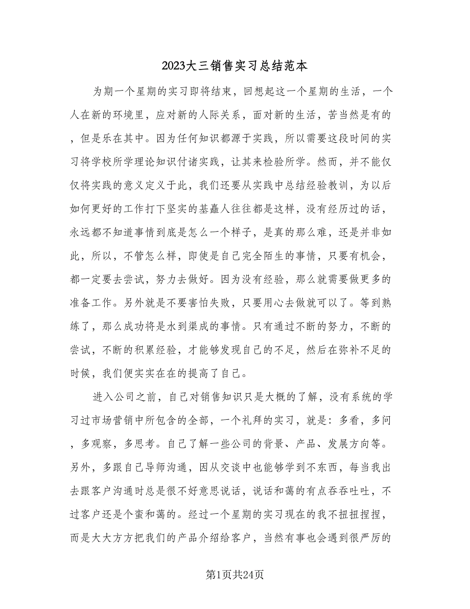 2023大三销售实习总结范本（6篇）_第1页