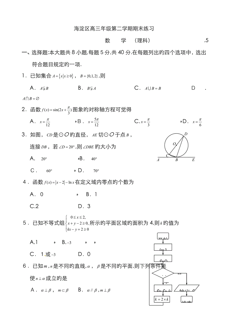 北京市海淀区高三第二次模拟考试数学理科试题_第1页