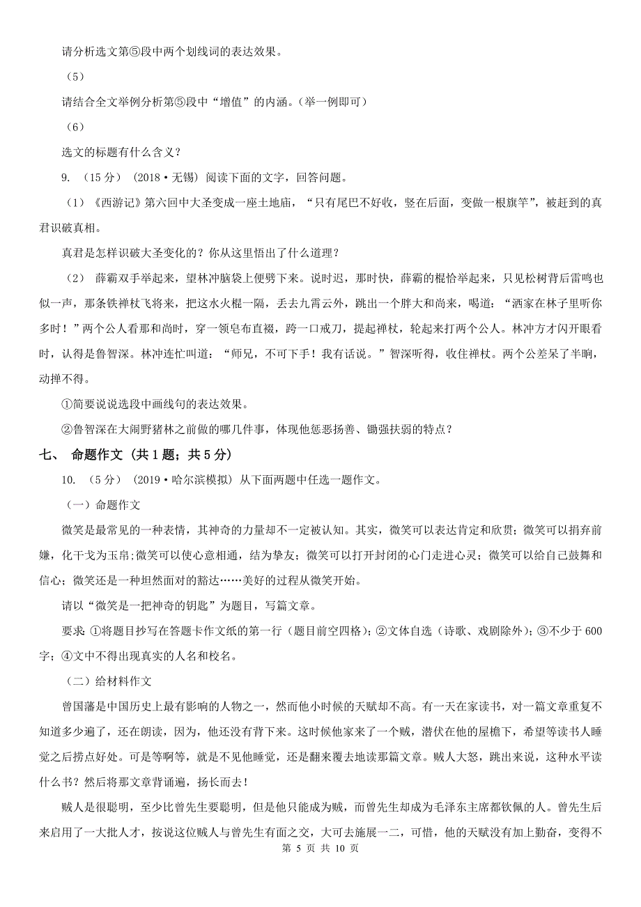 吉安市九年级语文中考模拟试卷_第5页