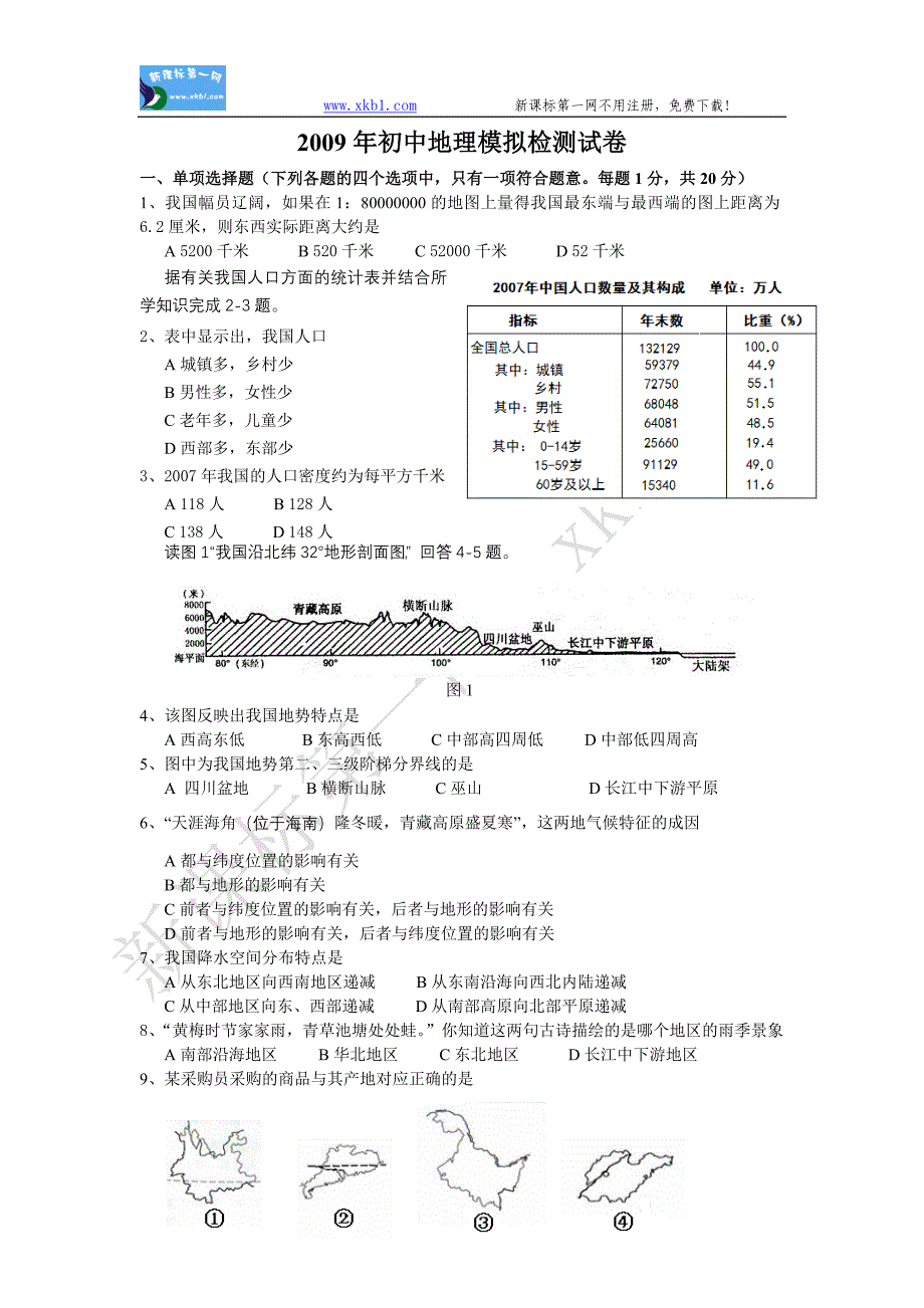 2009年南京联合体中考地理一模试卷及答案_第1页