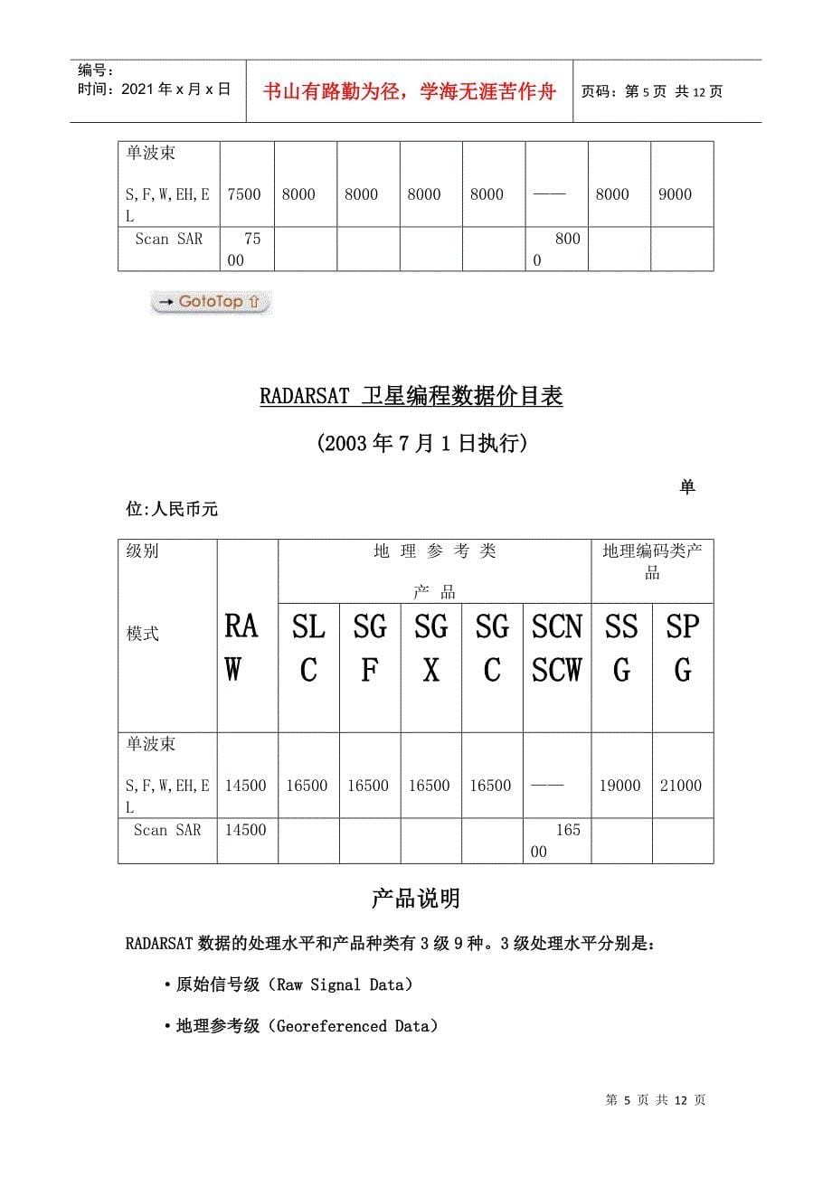 中国遥感卫星地面站卫星数据产品价目表_第5页