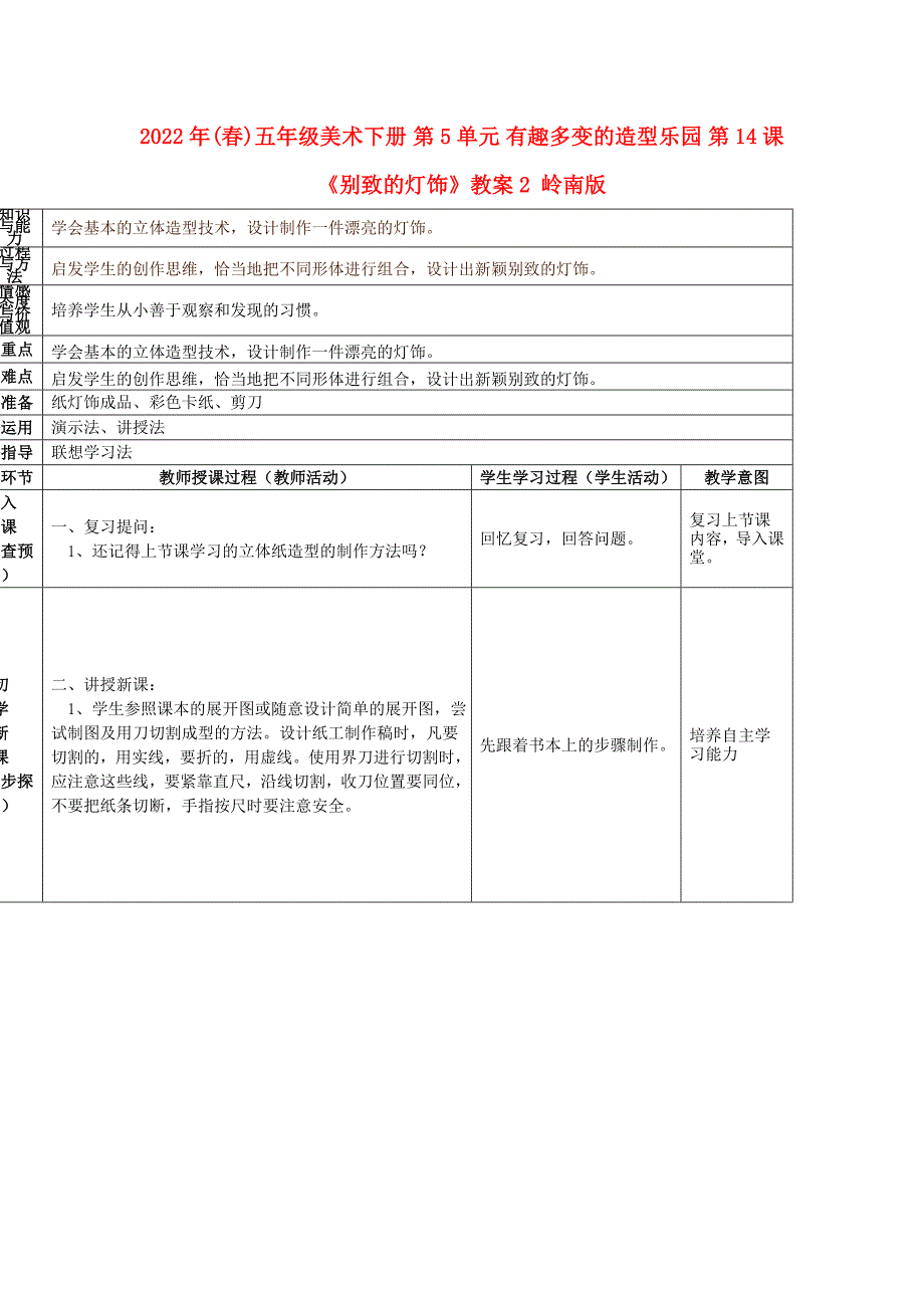 2022年(春)五年级美术下册 第5单元 有趣多变的造型乐园 第14课《别致的灯饰》教案2 岭南版_第1页