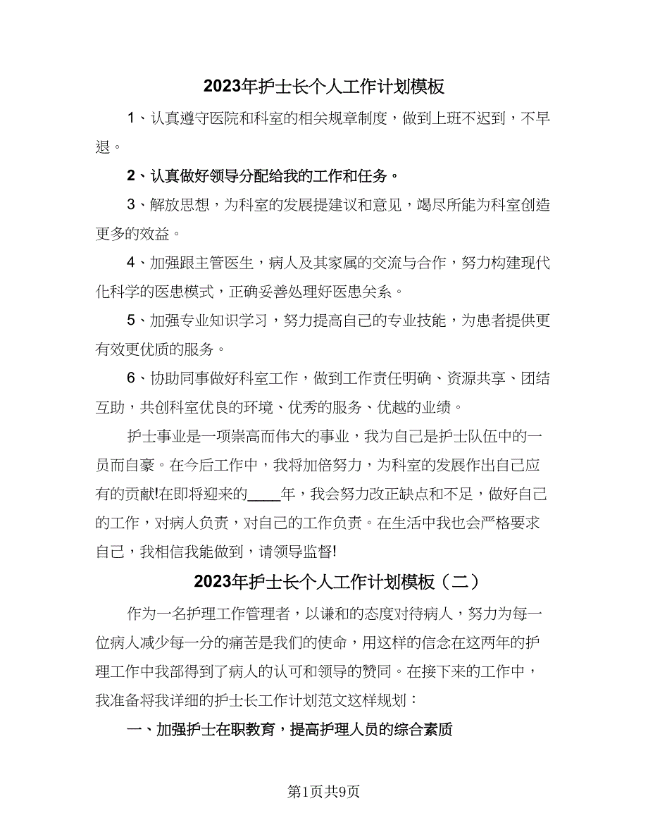 2023年护士长个人工作计划模板（4篇）_第1页