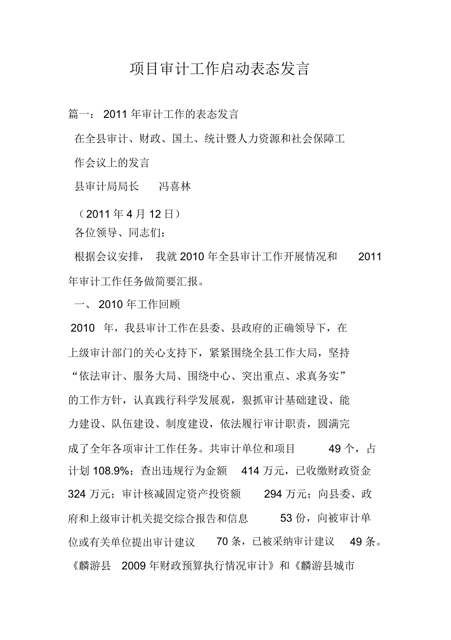 项目审计工作启动表态发言_第1页