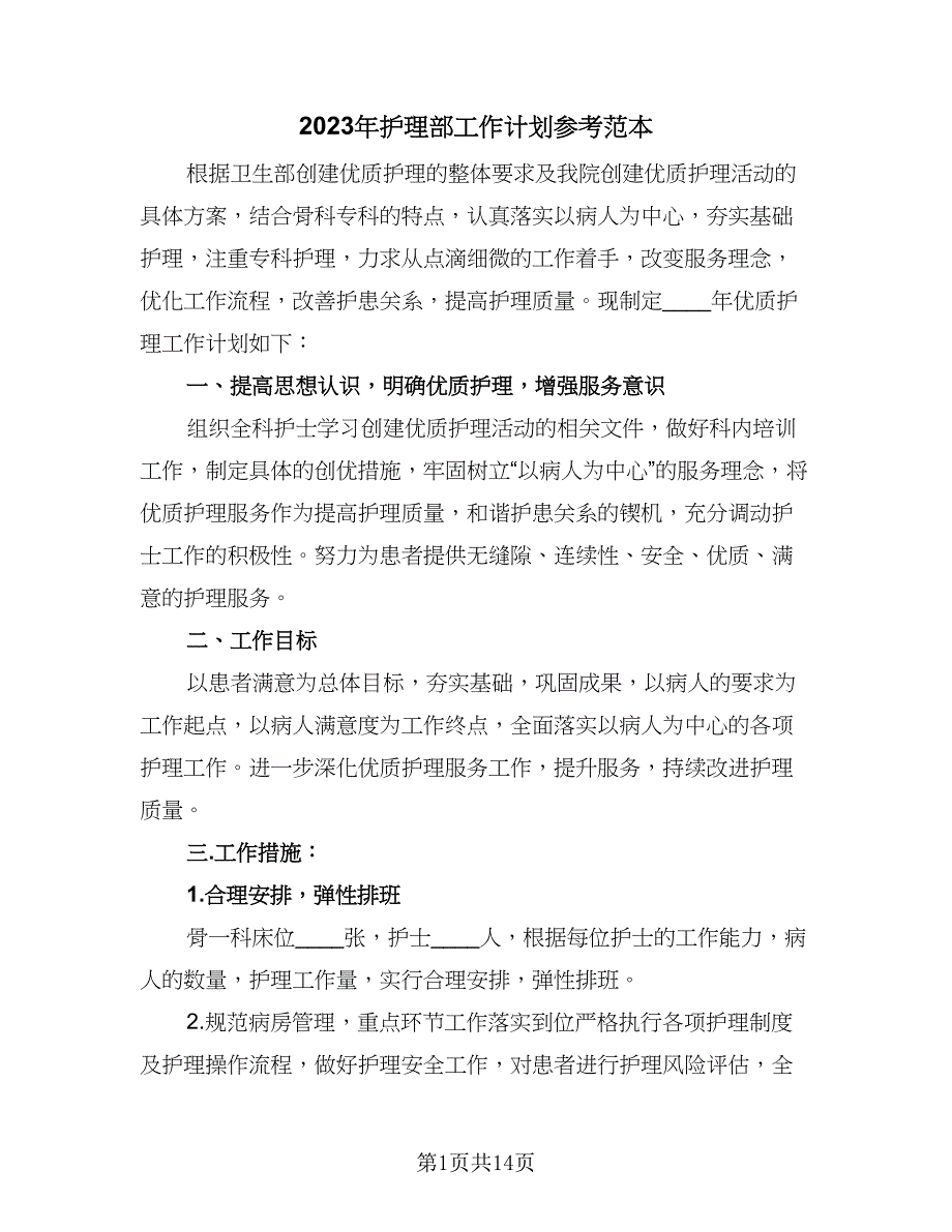 2023年护理部工作计划参考范本（四篇）_第1页