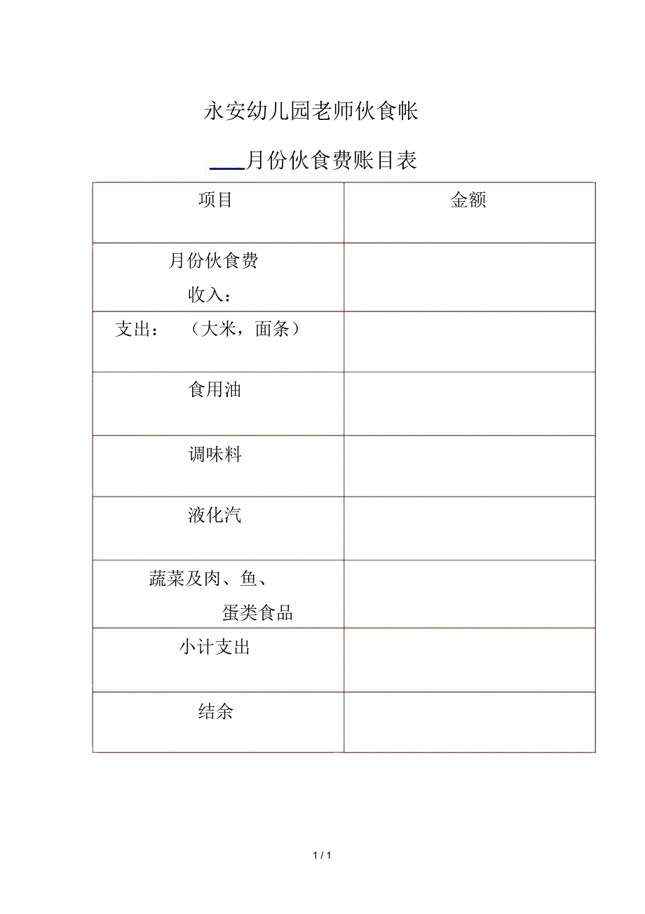幼儿园伙食费账目表_第1页