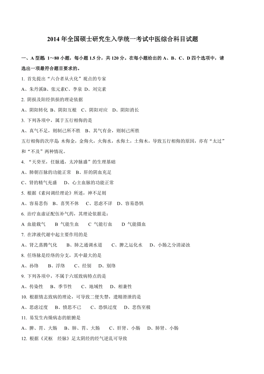 2014年考研中医综合真题-全180题_第1页