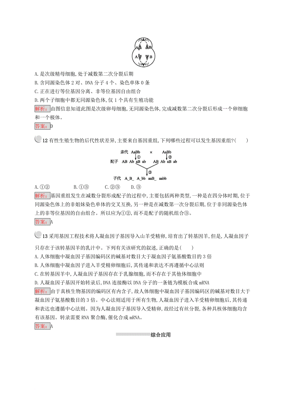 高中生物 第5章 遗传信息的改变 5.2 基因重组练习 北师大版必修2_第4页