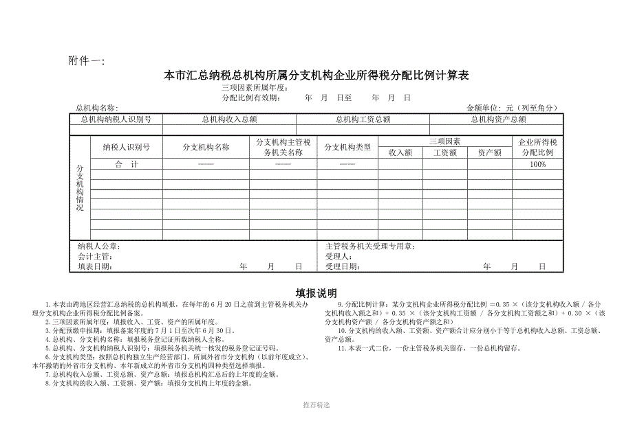 总分支机构汇总纳税办法操作规程相关表格下载Word版_第1页