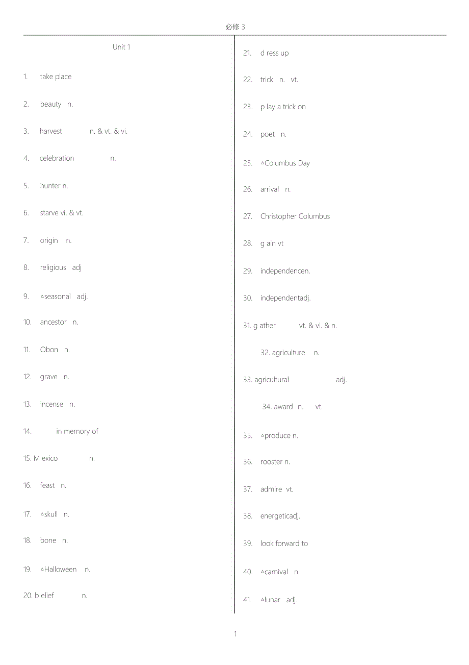 人教版高中英语必修三单词表(英汉分开)_第1页