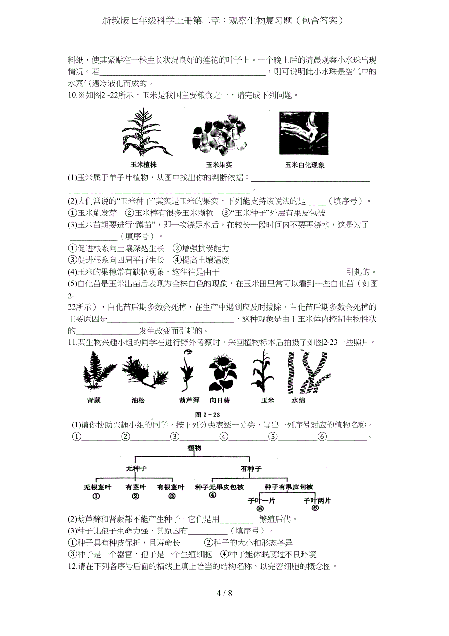 浙教版七年级科学上册第二章：观察生物复习题(包含答案)(DOC 8页)_第4页