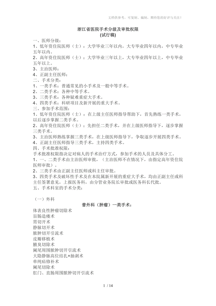 浙江省医院手术分级及审批权限_第1页