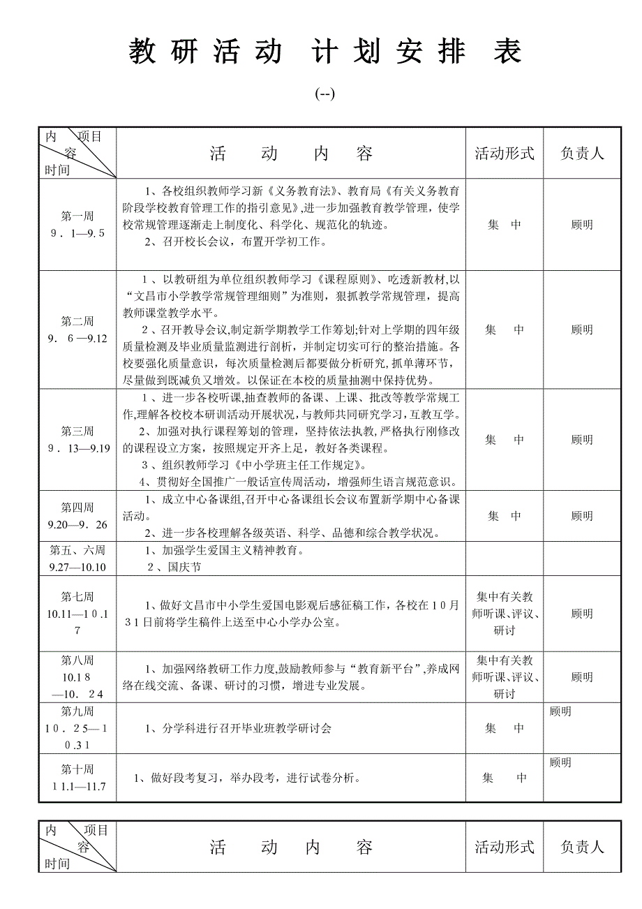 教研活动计划安排表及教研记录完整版_第1页