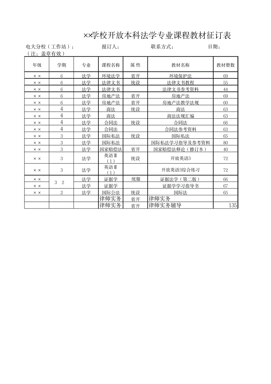 学校开放本科法学专业课程教材征订表._第1页