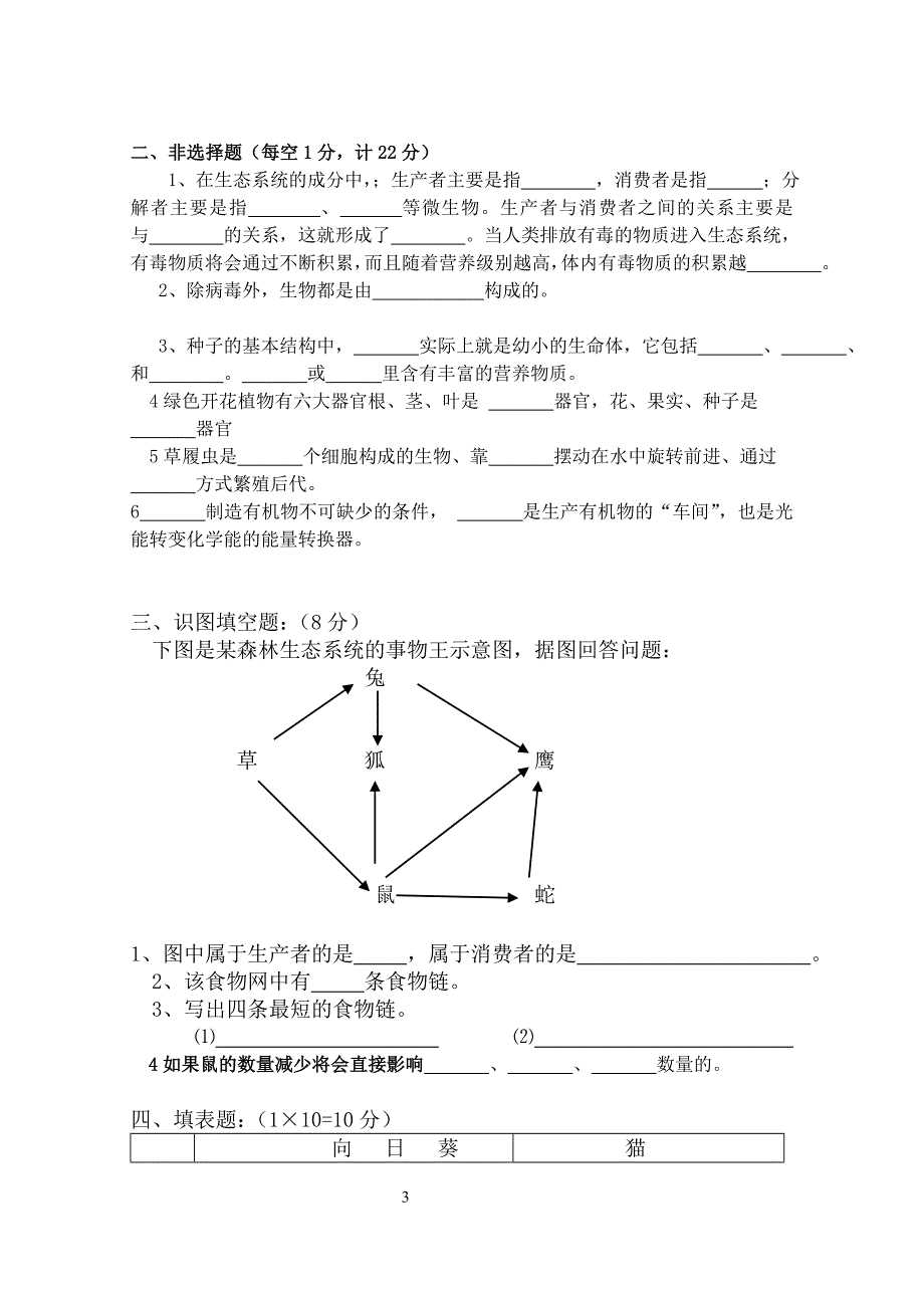 初一年级生物上学期期末测试题_第3页