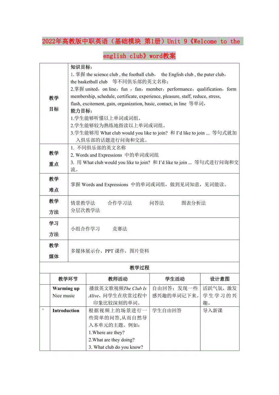 2022年高教版中职英语（基础模块 第1册）Unit 9《Welcome to the english club》word教案_第1页