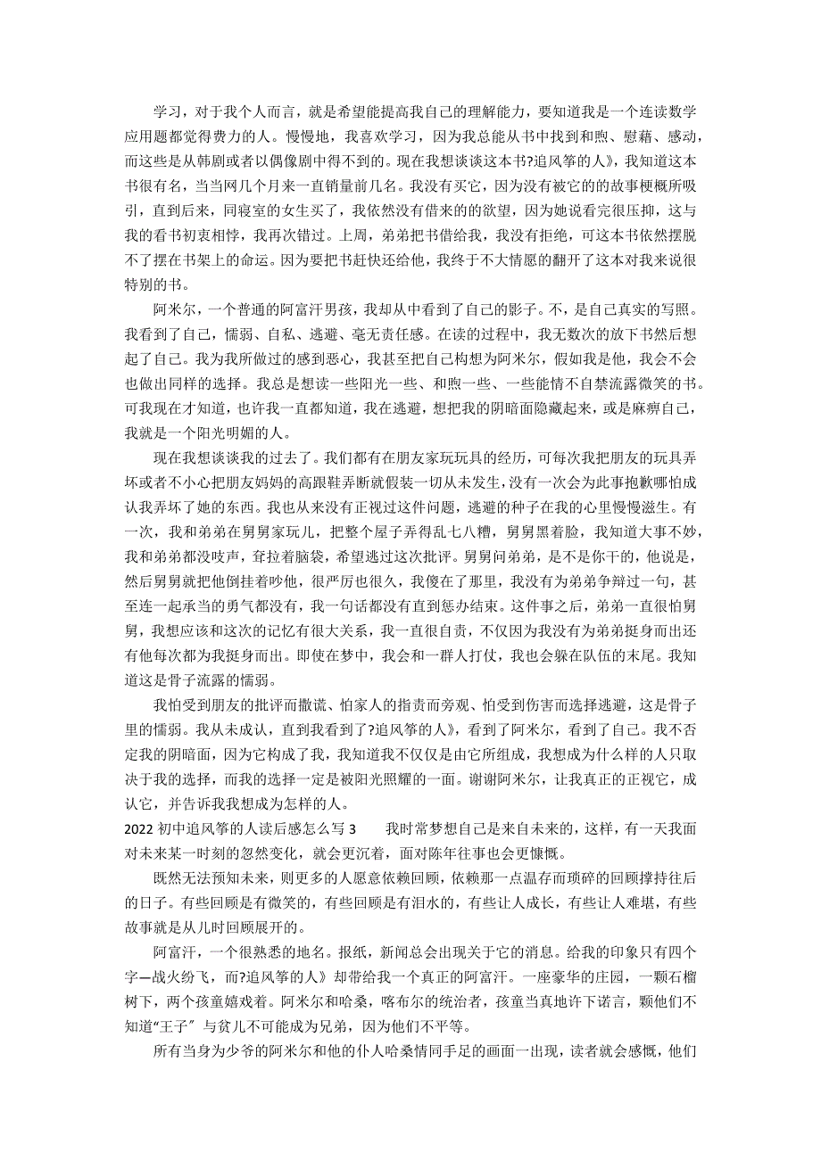 2022初中追风筝的人读后感怎么写3篇 追风筝的人读后感初中_第2页