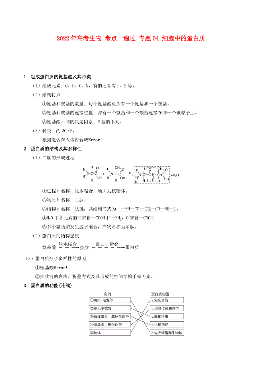 2022年高考生物 考点一遍过 专题04 细胞中的蛋白质_第1页