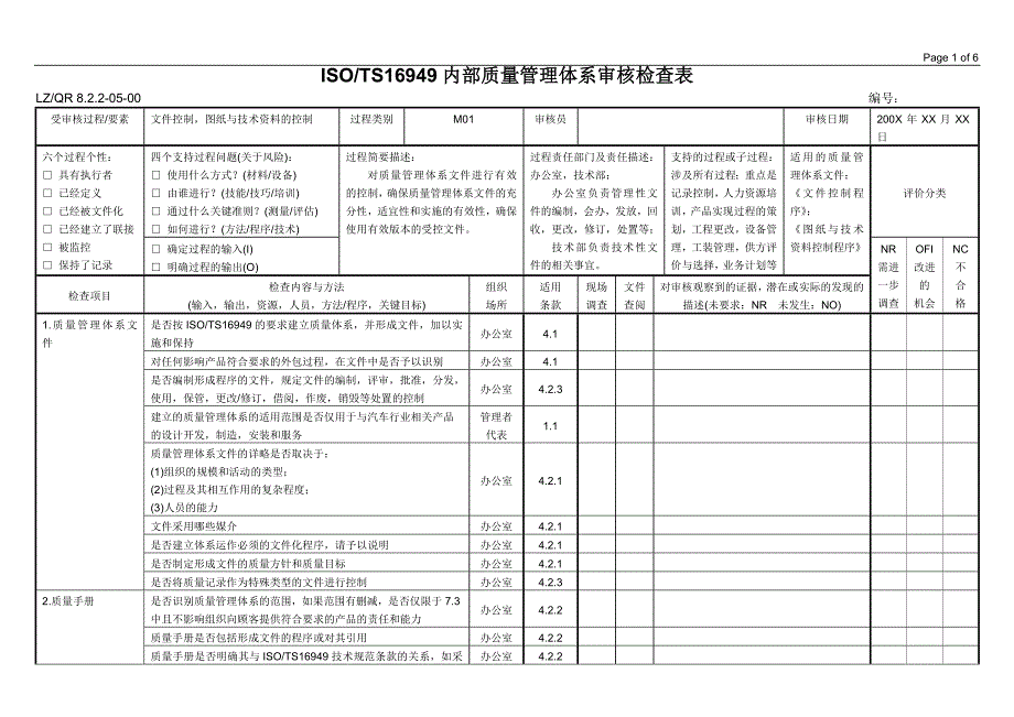 内部质量管理体系审核检查表（M01 文件控制图纸与技术资料的控制）_第1页