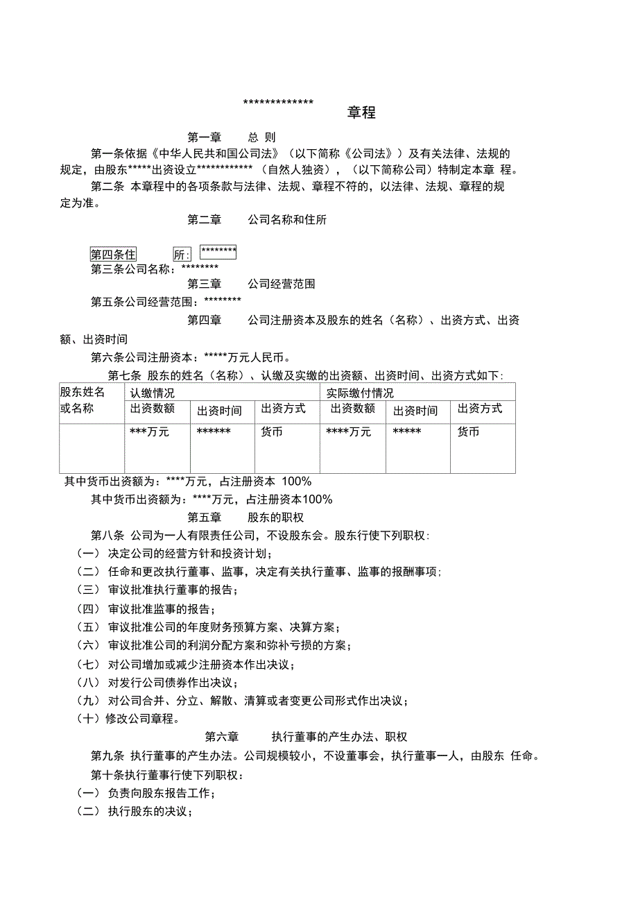 自然人独资公司章程_第1页