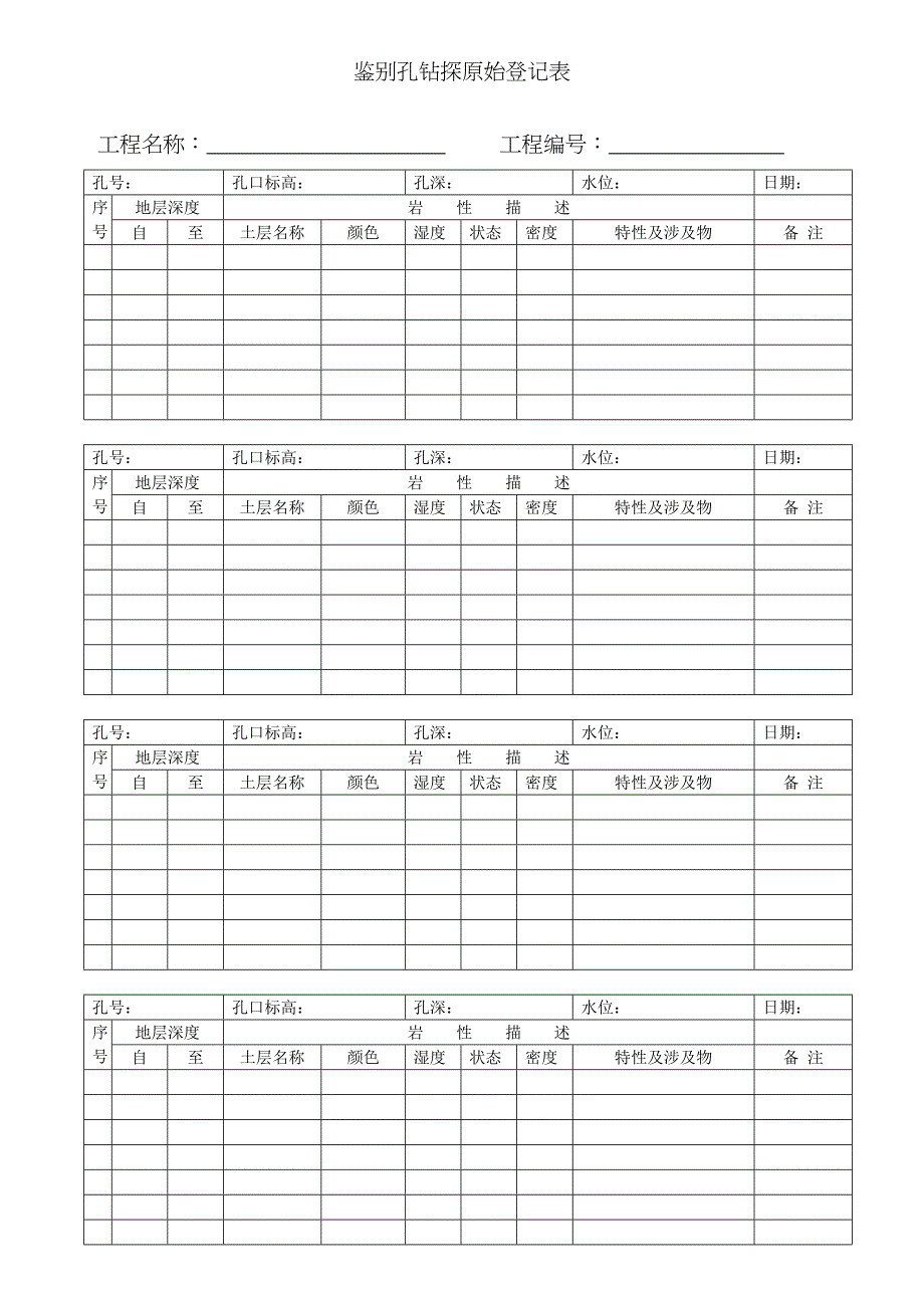 螺纹钻孔钻探原始记录表_第1页
