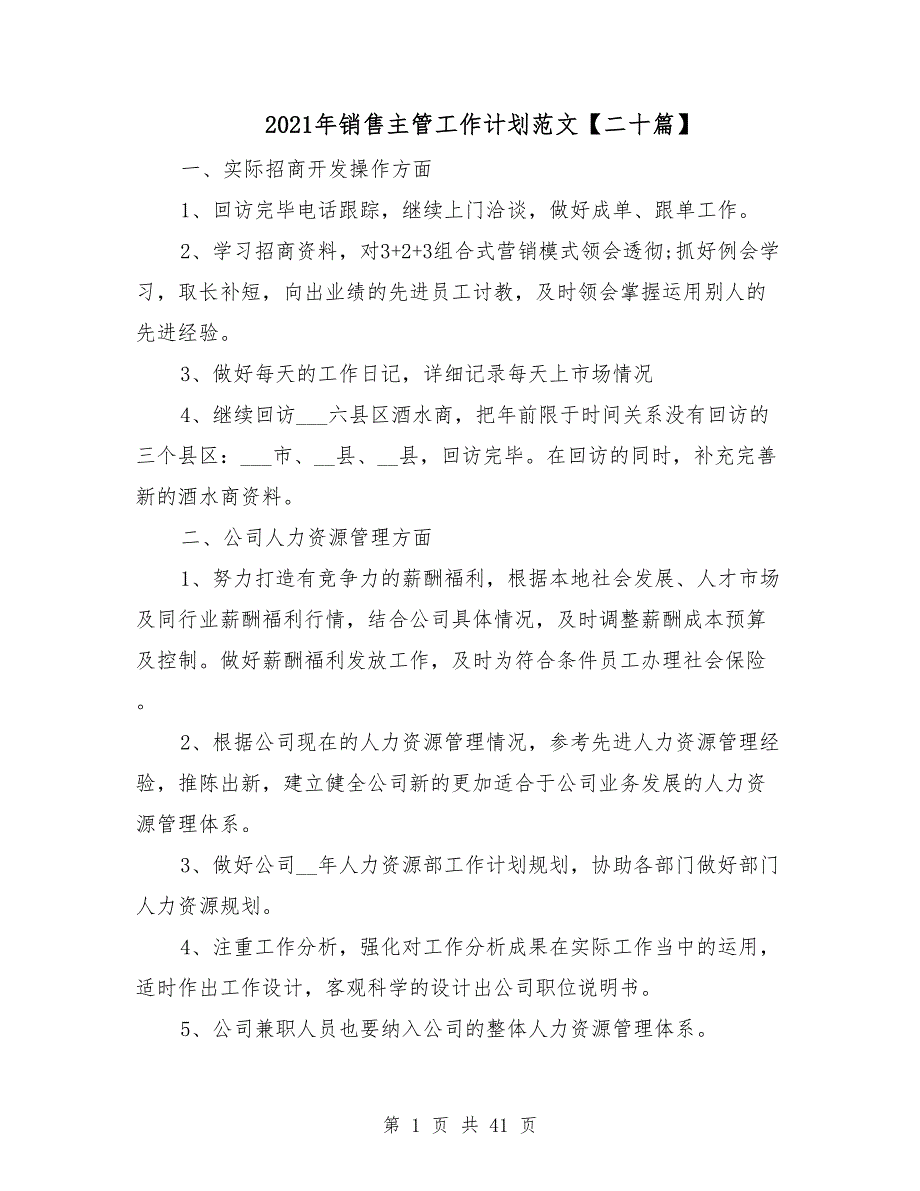 2021年销售主管工作计划范文二十篇_第1页