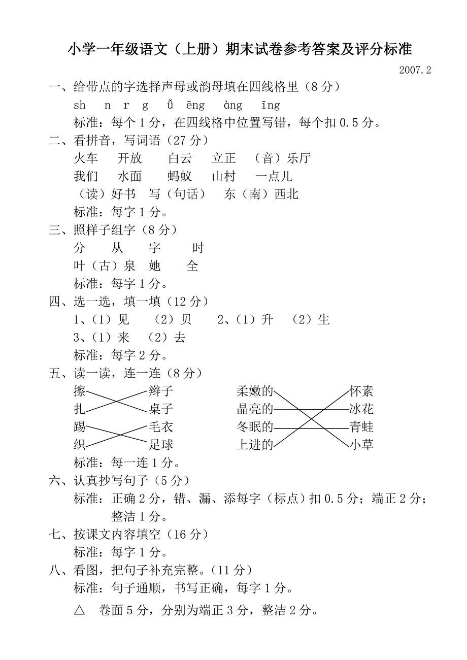 小学一年级语文(上册)期末试卷参考答案及评分标准_第1页