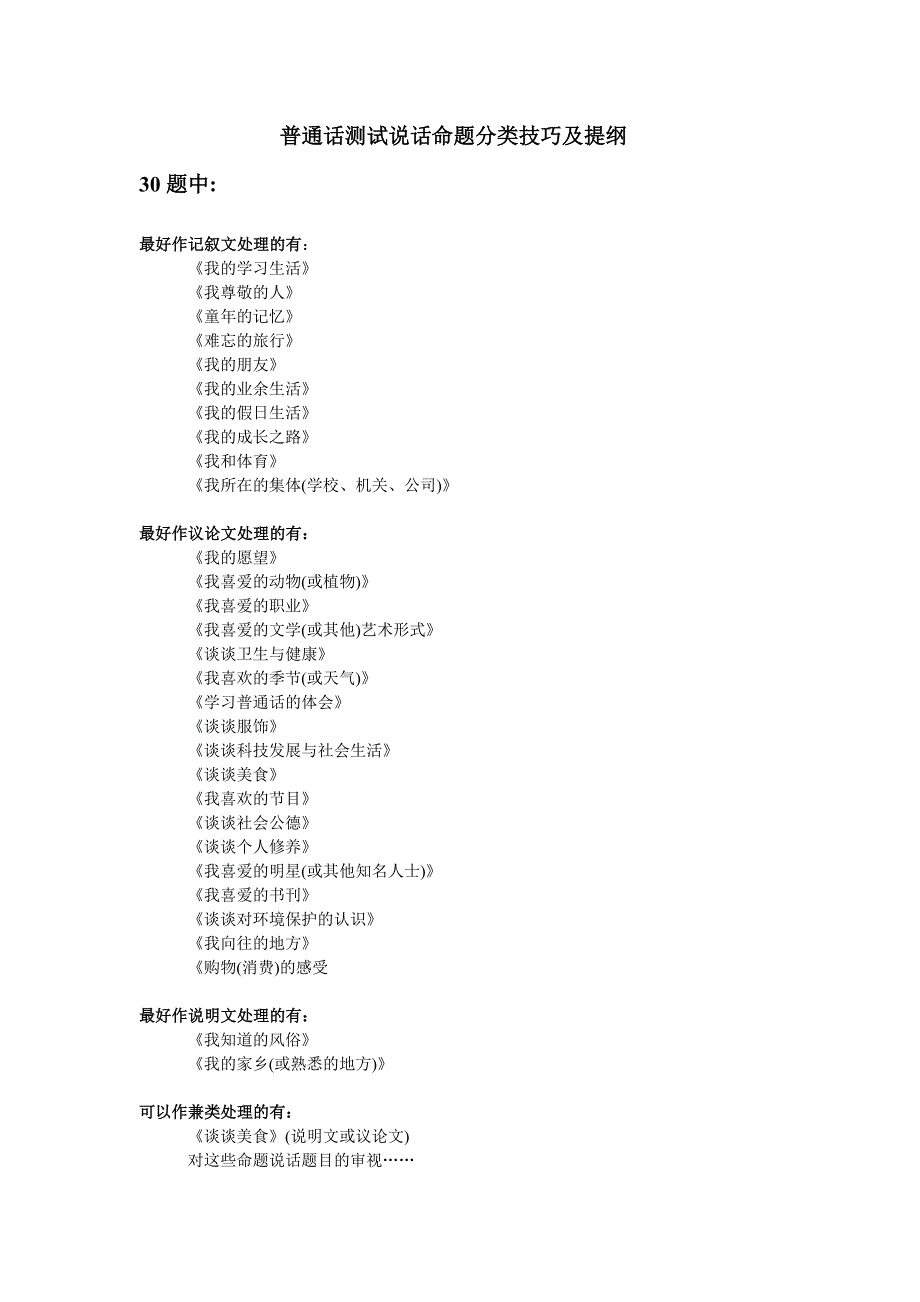 普通话测试说话命题分类技巧及提纲_第1页