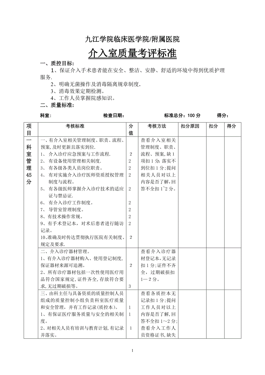 介入室质量考评标准可编辑范本_第1页