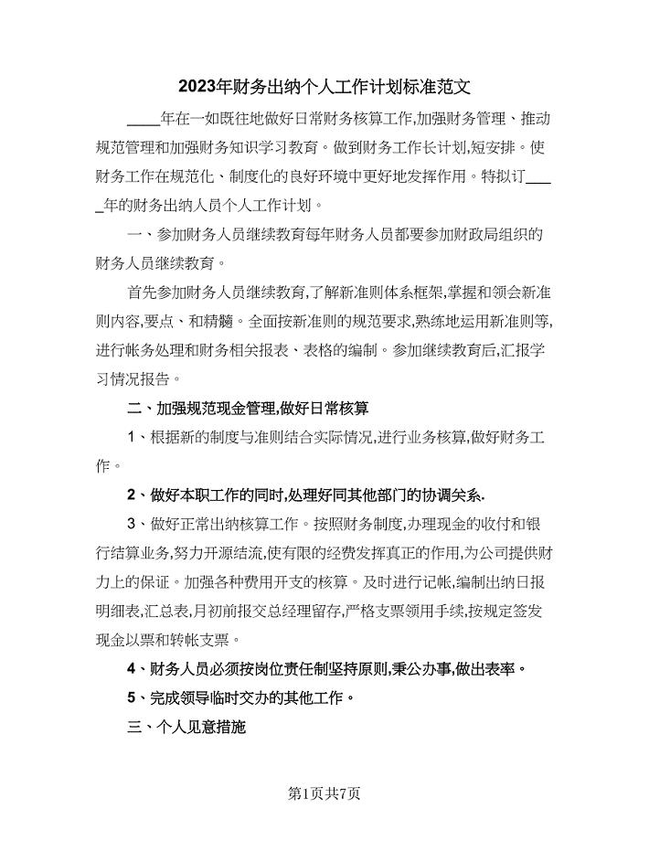 2023年财务出纳个人工作计划标准范文（四篇）.doc