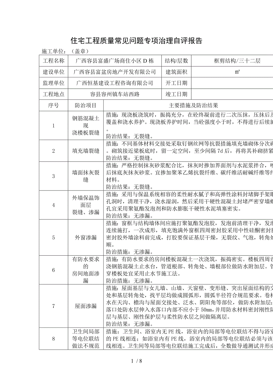 D、E1、E2栋住宅工程质量常见问题专项治理自评报告_第1页