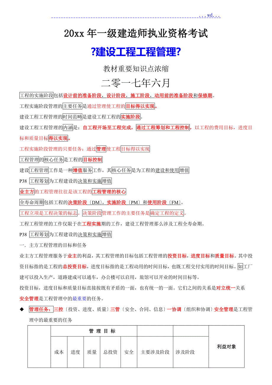 2017年一级建造技术人员《建设工程项目管理》教材重要知识点浓缩_第1页