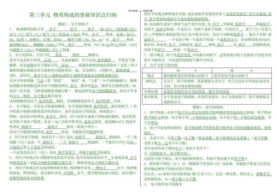 第三单元物质构成的奥秘知识点总结填空版答案_中学教育-中考_第1页