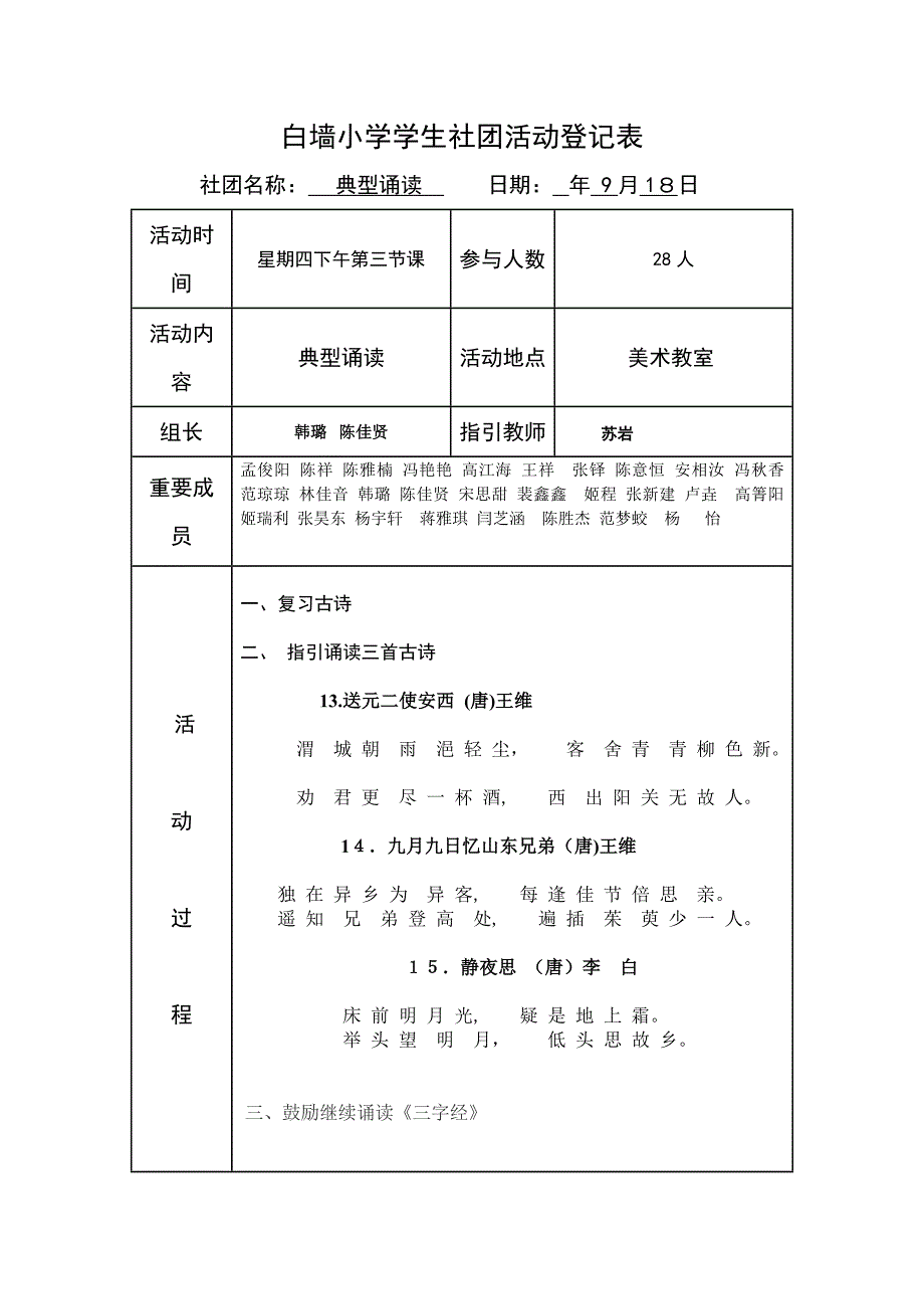 经典诵读社团活动记录表_第1页