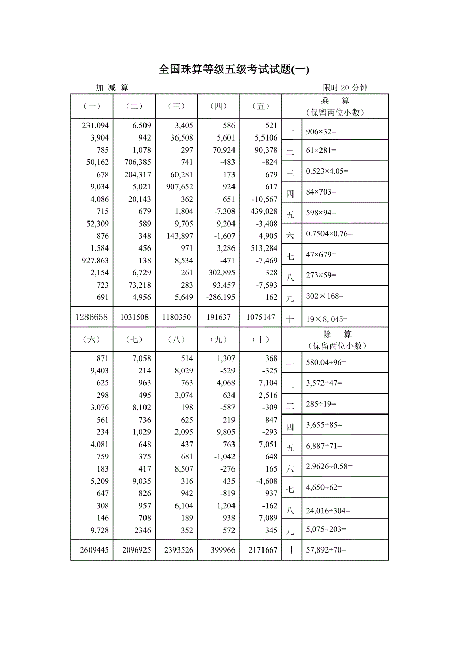 珠算等级五级考试试及答案_第1页