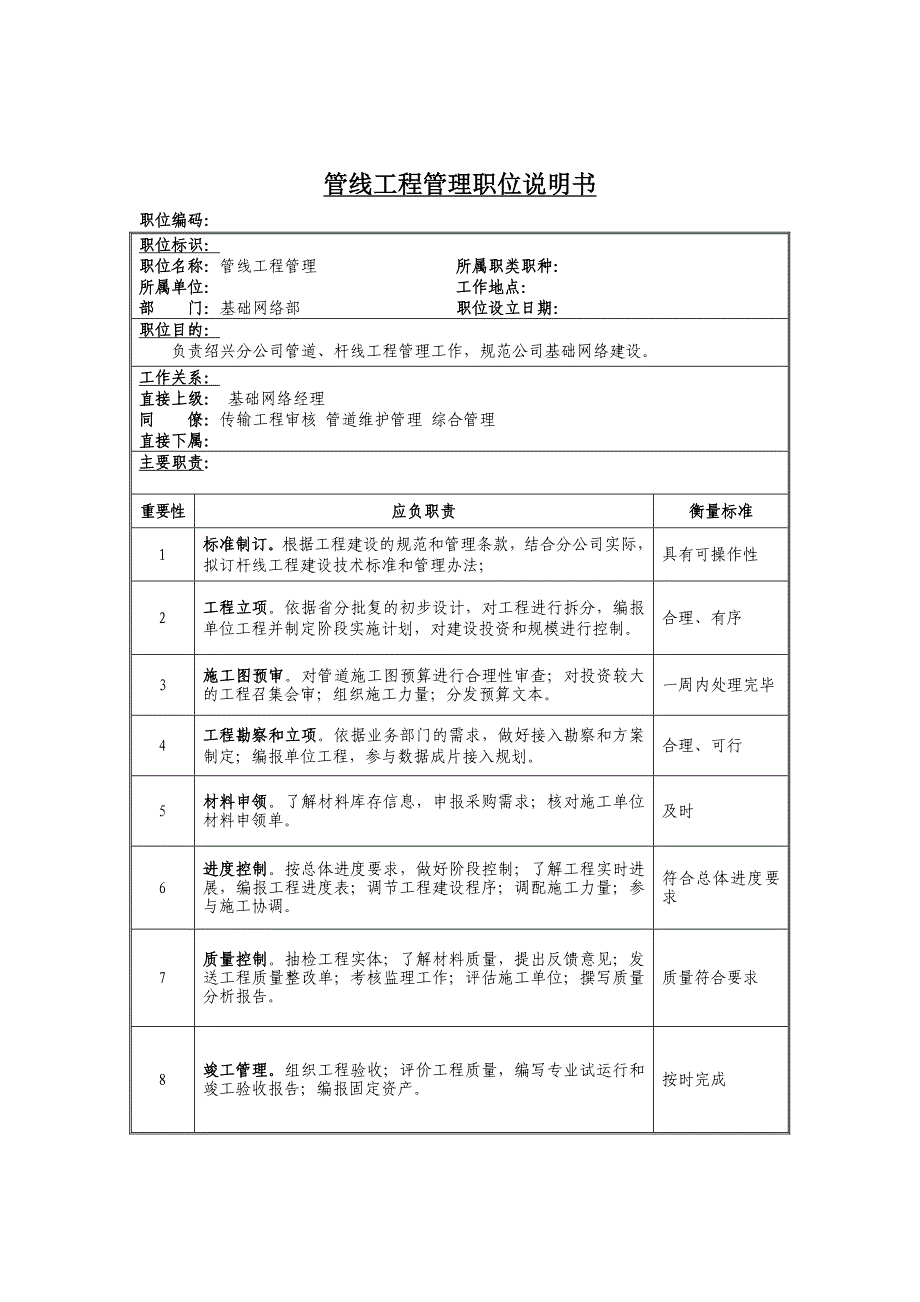 管线工程管理岗位说明书_第1页