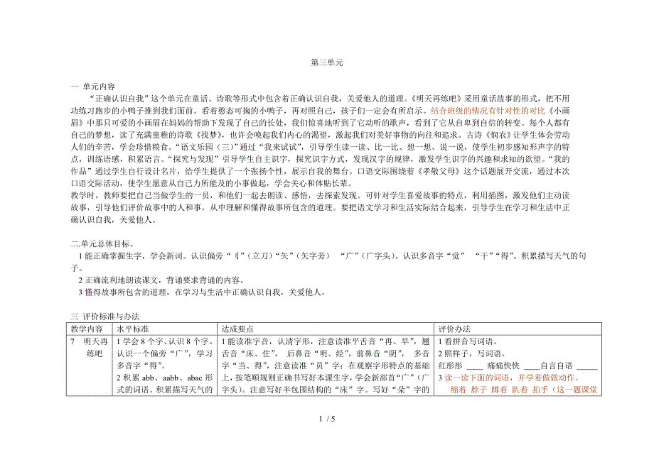 鄂教版小学语文一年级下册第三单元单元要点_第1页