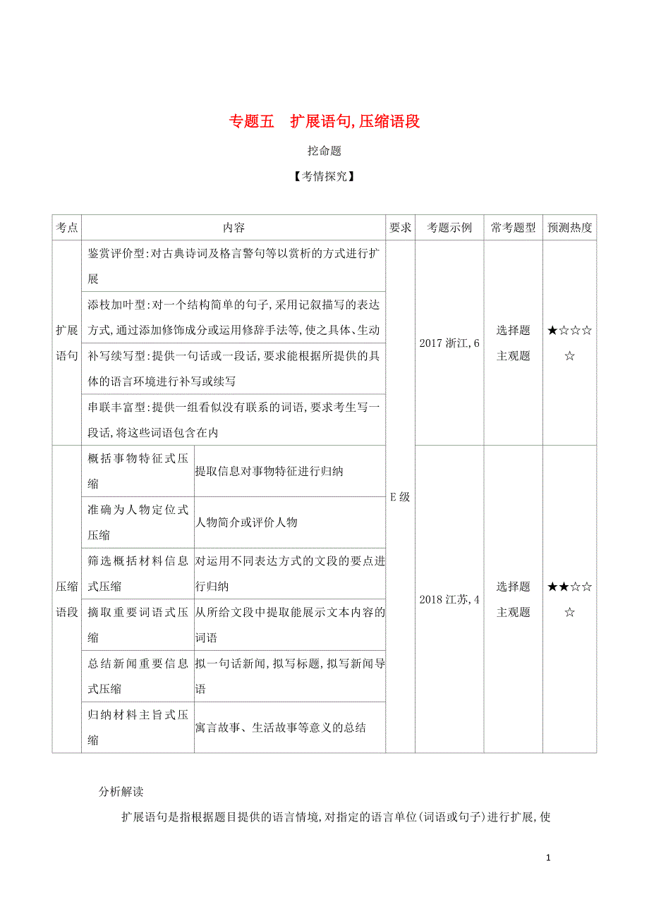 2019届高考语文二轮专题复习 专题五 扩展语句压缩语段_第1页