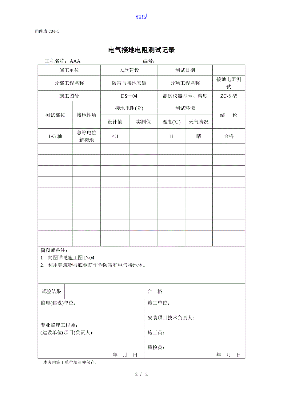 全套电气分部测试记录簿表_第2页