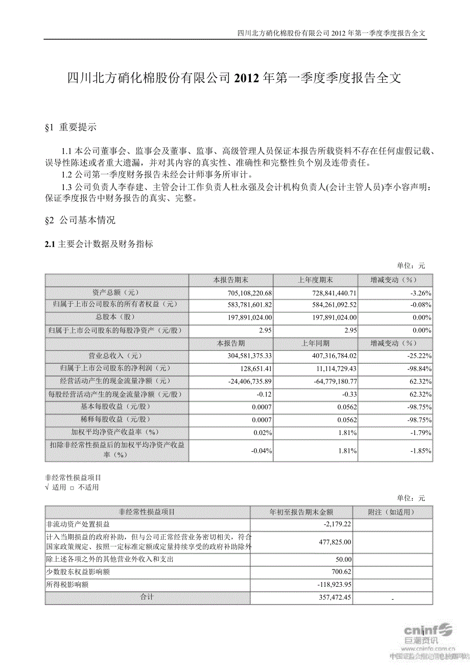 北化股份第一季度报告全文_第1页