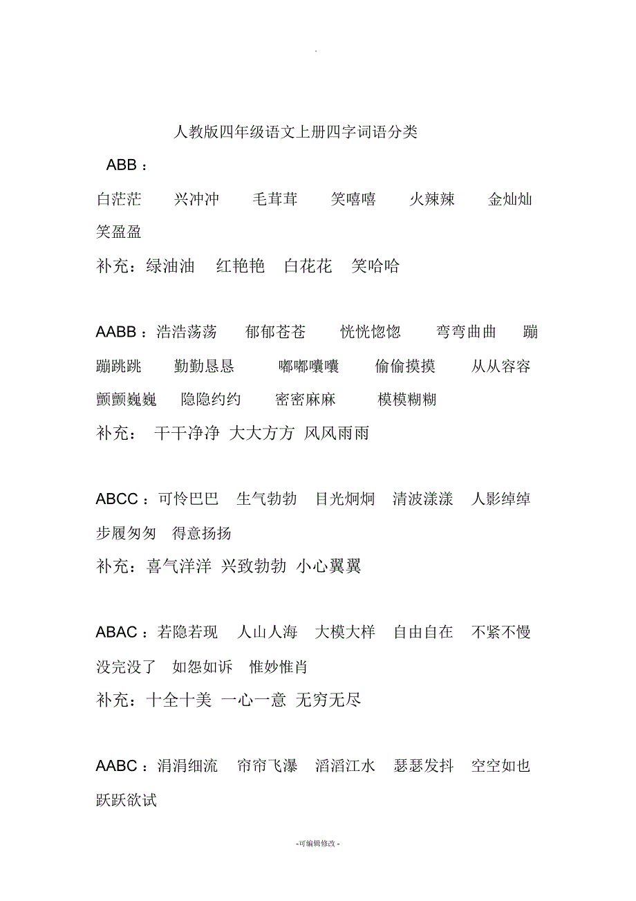 人教版四年级语文上册四字词语分类_第1页