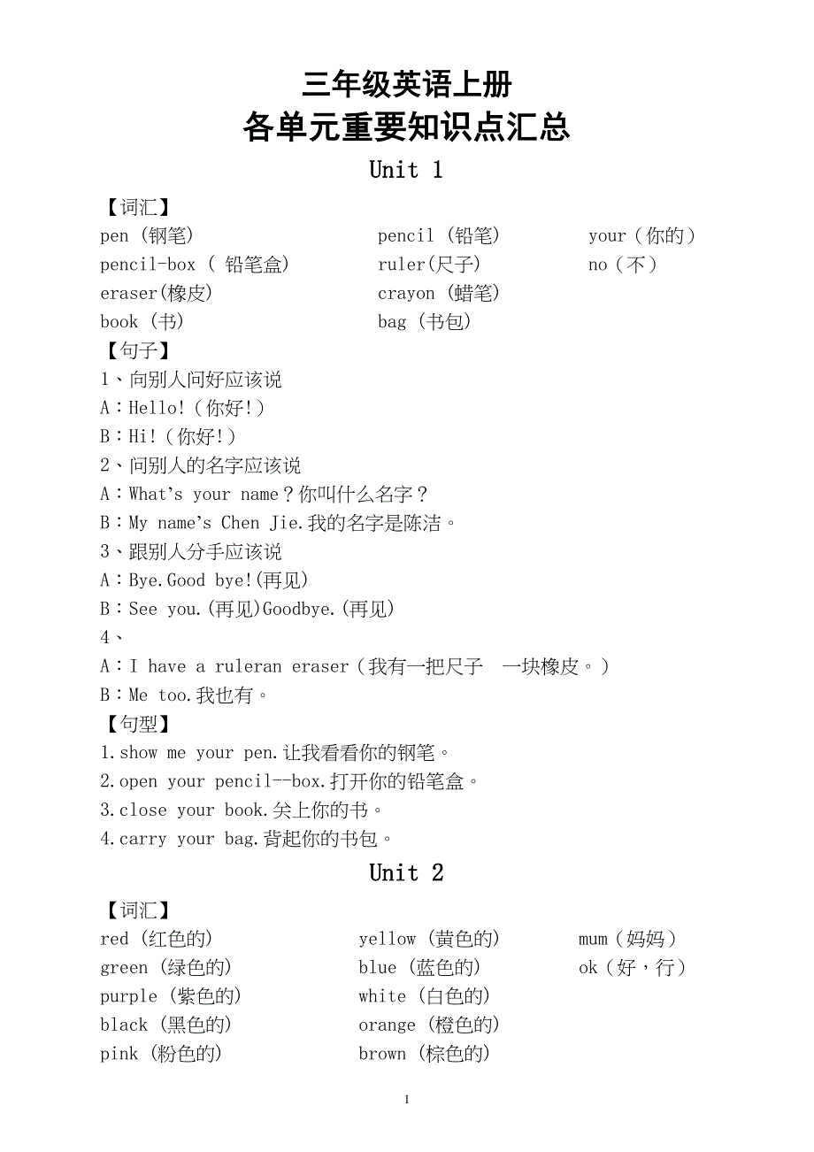 小学英语人教PEP版三年级上册各单元重要知识点汇总(DOC 5页)_第1页