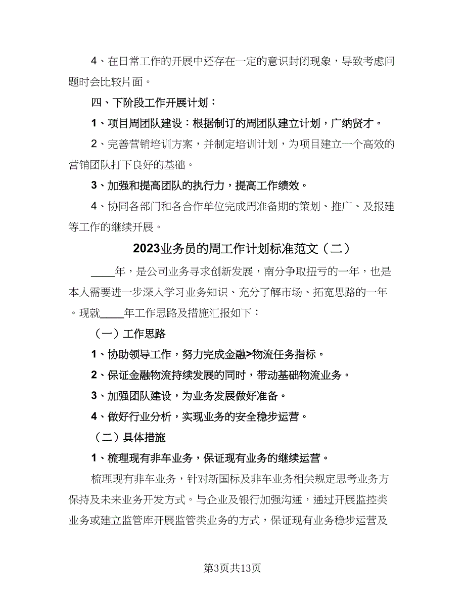 2023业务员的周工作计划标准范文（5篇）_第3页