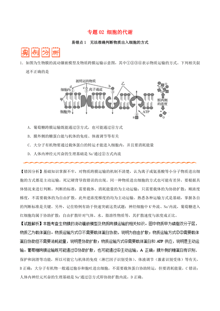 备战高考生物训练题： 纠错笔记 专题02 细胞的代谢_第1页