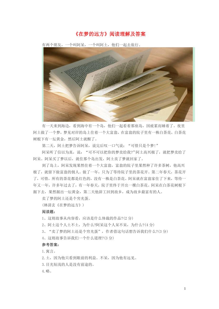 初中语文在梦的远方阅读理解_第1页