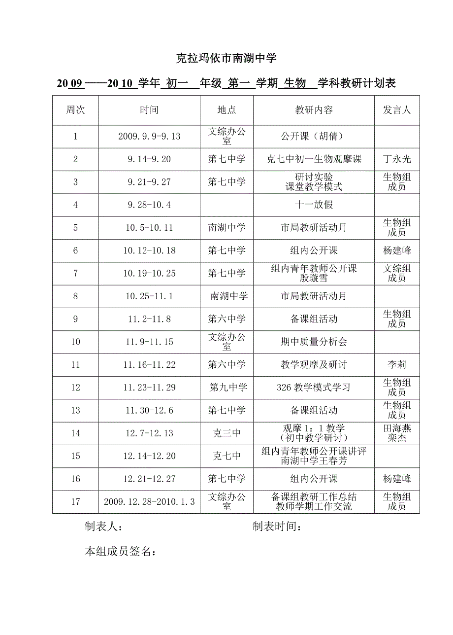 中学初一年级第一 学期生物学科教学计划_第3页